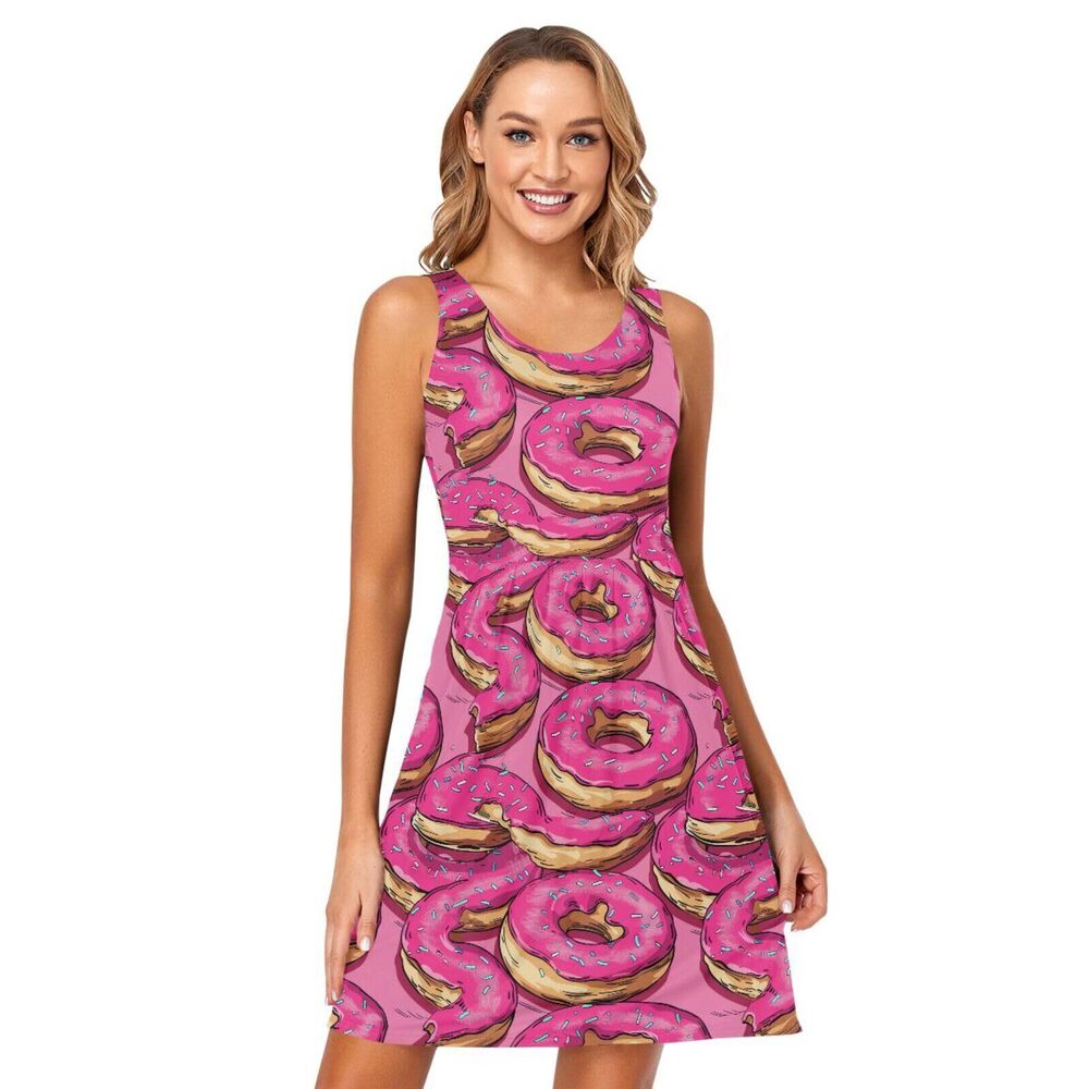 5558 Pink Donuts Summer Dress Sleeveless Soft Casual Tank Dress